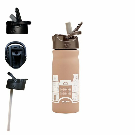 Retulp RVS drinkfles 400ml taupe Canal Houses, met handige drinktuit.