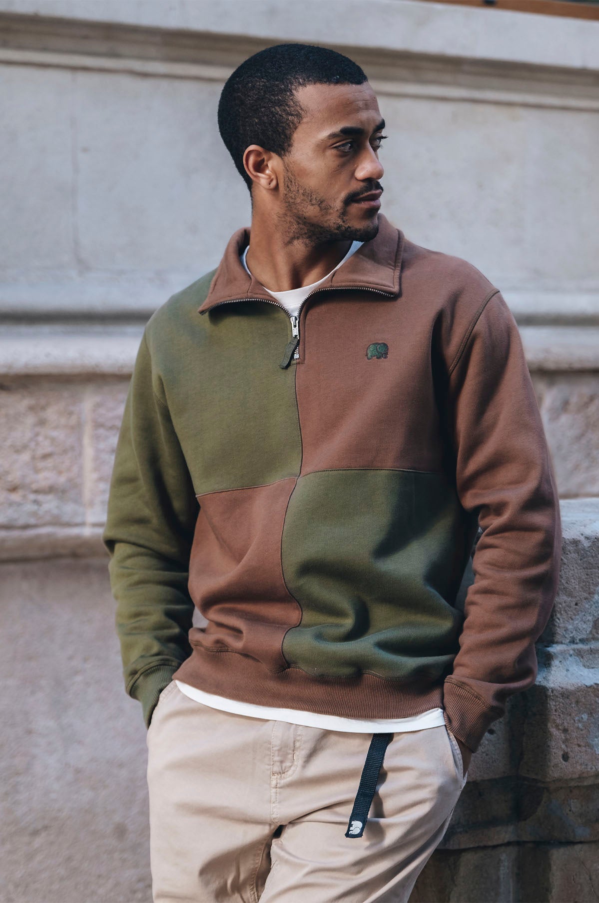 Trendsplant mannen vegan Sweater Half Zip Color Block Olijfgroen & Houtbruin