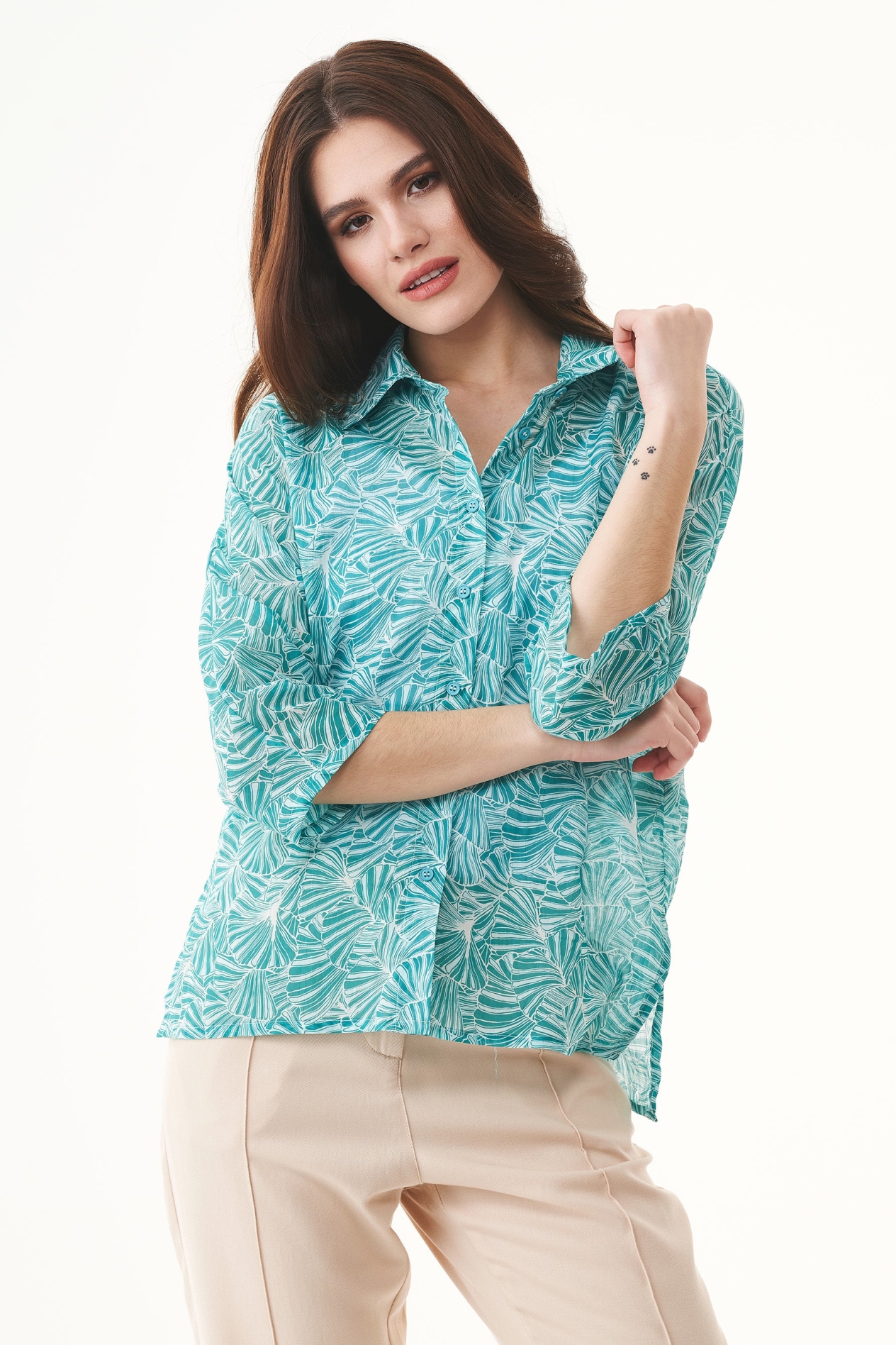 ORGANICATION  Voile Blouse Bloem Smaragdblauw