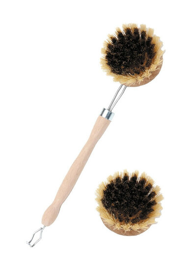 Houten afwasborstel met messing vezels en vervangbare borstelkop