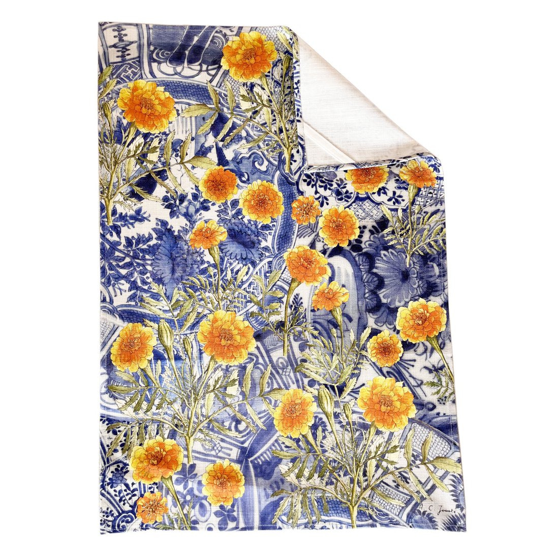 Floral Tea Towel Cotton - Marigold & Delft