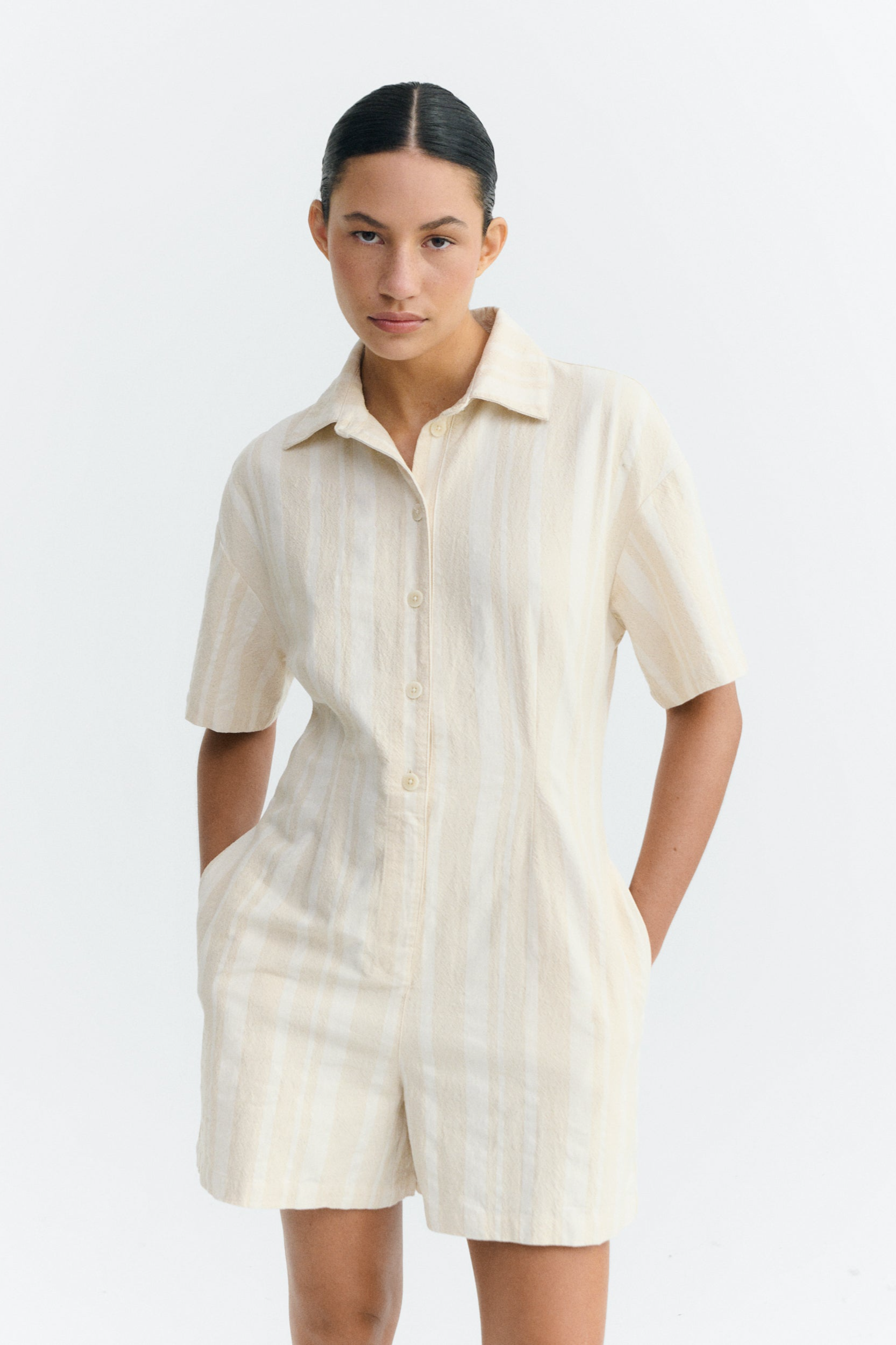 Thinking MU  Jumpsuit Roberta Gestreept Naturel