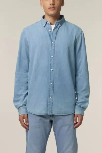 UNIPOLAR mannen vegan Denim Overhemd Dening Lichte Wassing