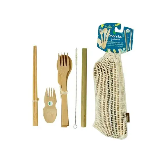 Bambu Eat/Drink Tool Kit. Bamboe houten bestek set + drinkaccessoires.