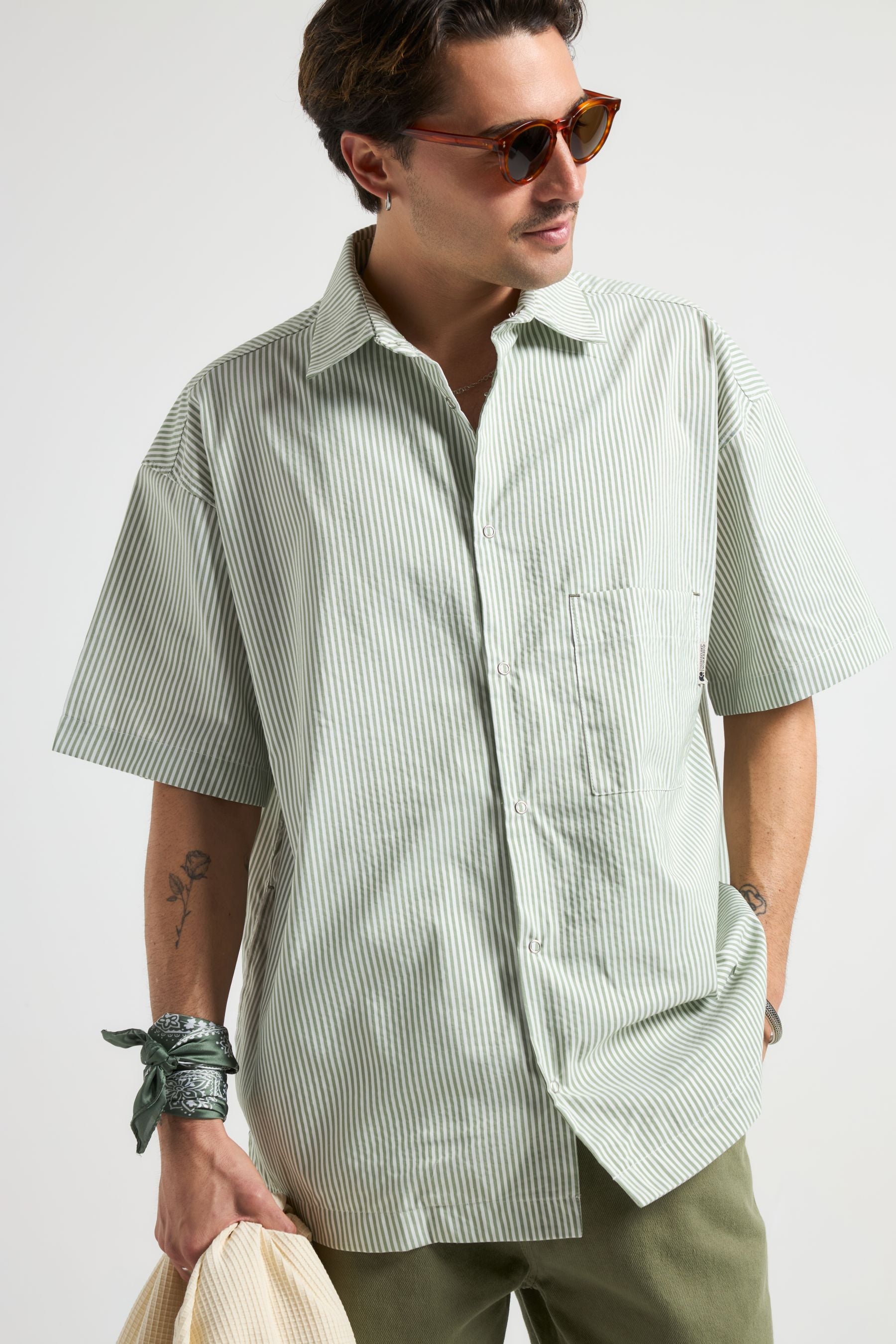 Trendsplant mannen vegan Shirt Mechanic Box Groene Strepen