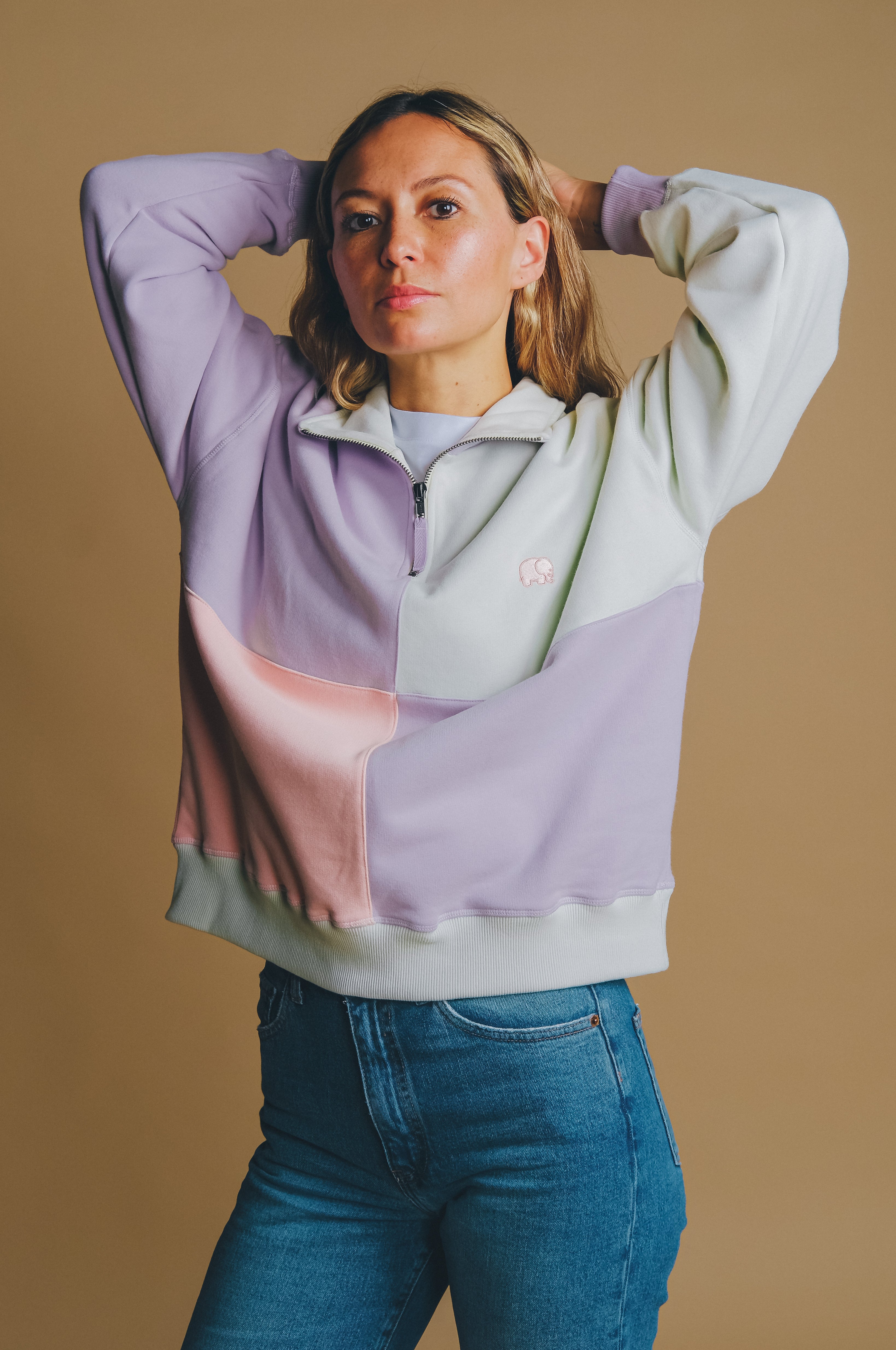 Trendsplant  Trui Oversized Color Block Half Zip Lavendel/Groen
