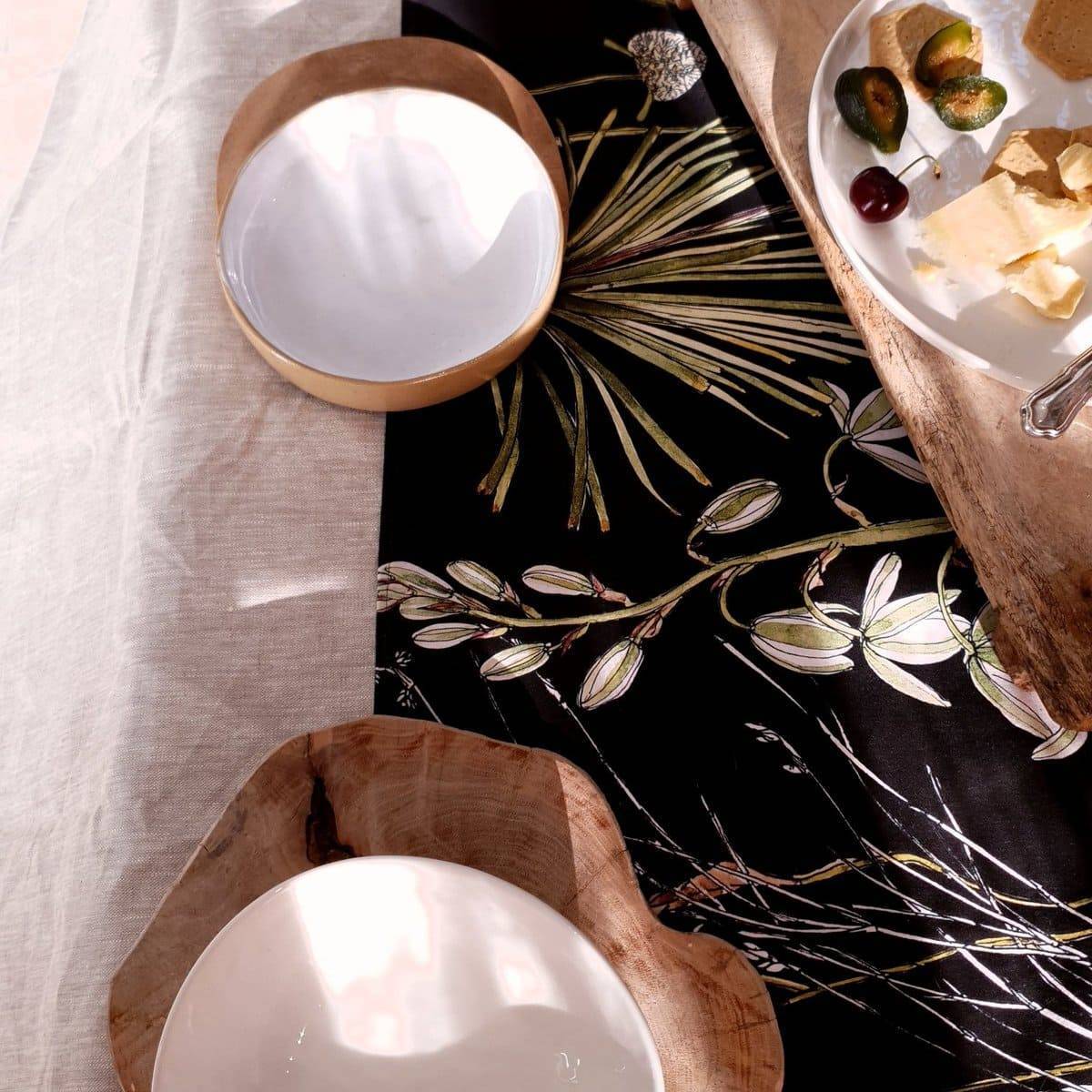 Floral Table Runner Cotton - Greenery On Black