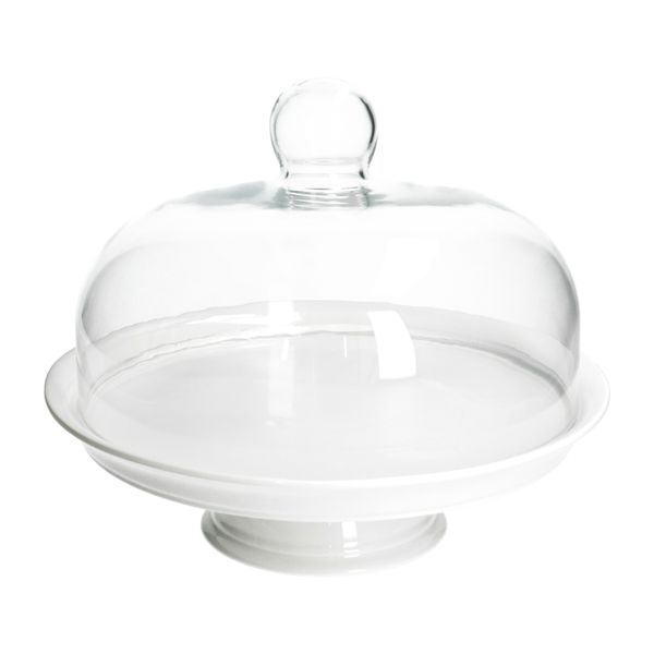 Taartplateau, porselein, met glazen stolp, Ø 30 cm