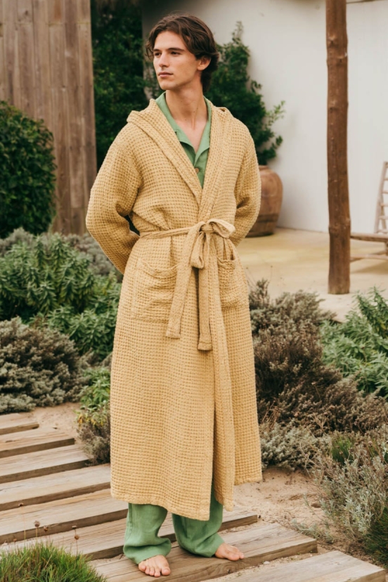 AmourLinen mannen vegan Badjas Wafel Mosterd