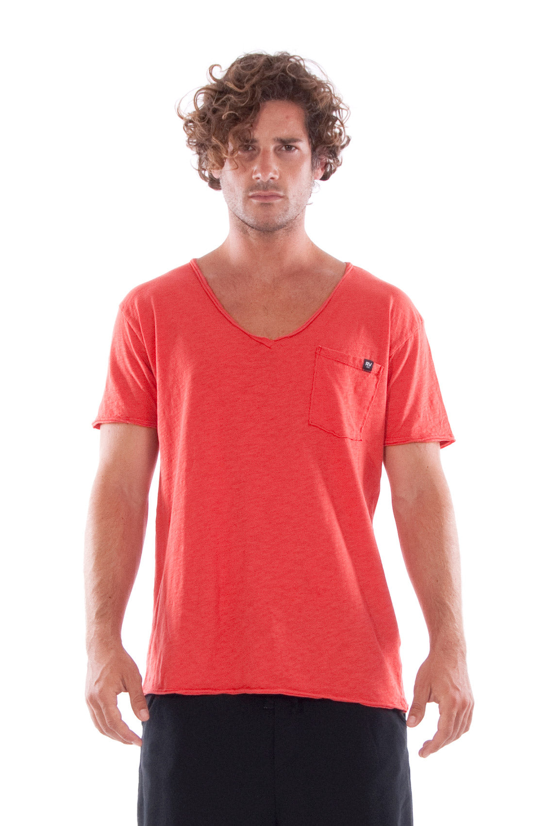 RAVENS VIEW IBIZA mannen vegan T-Shirt V-Hals Wild Pocket Candy Red