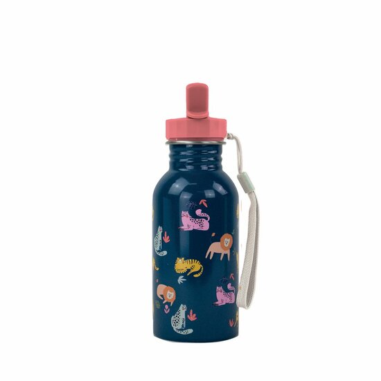 Enkelwandig drinkflesje Big Cats - 500ml RVS met drinktuit en rietje