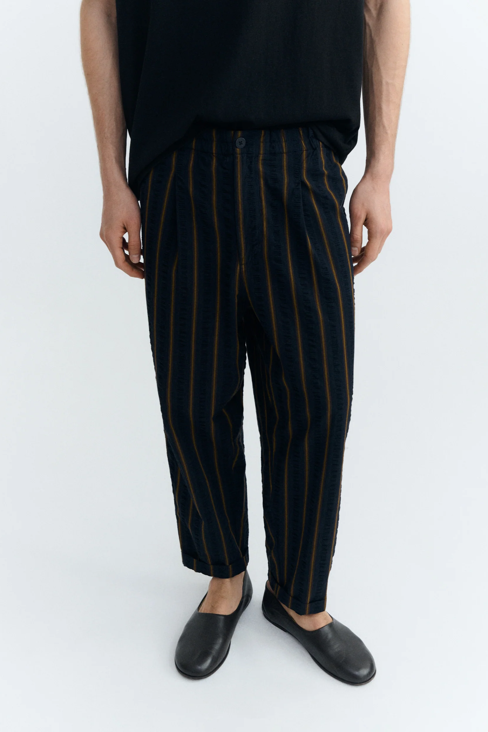Thinking MU mannen vegan Broek Met Wijde Strepen Van Seersucker, Marineblauw