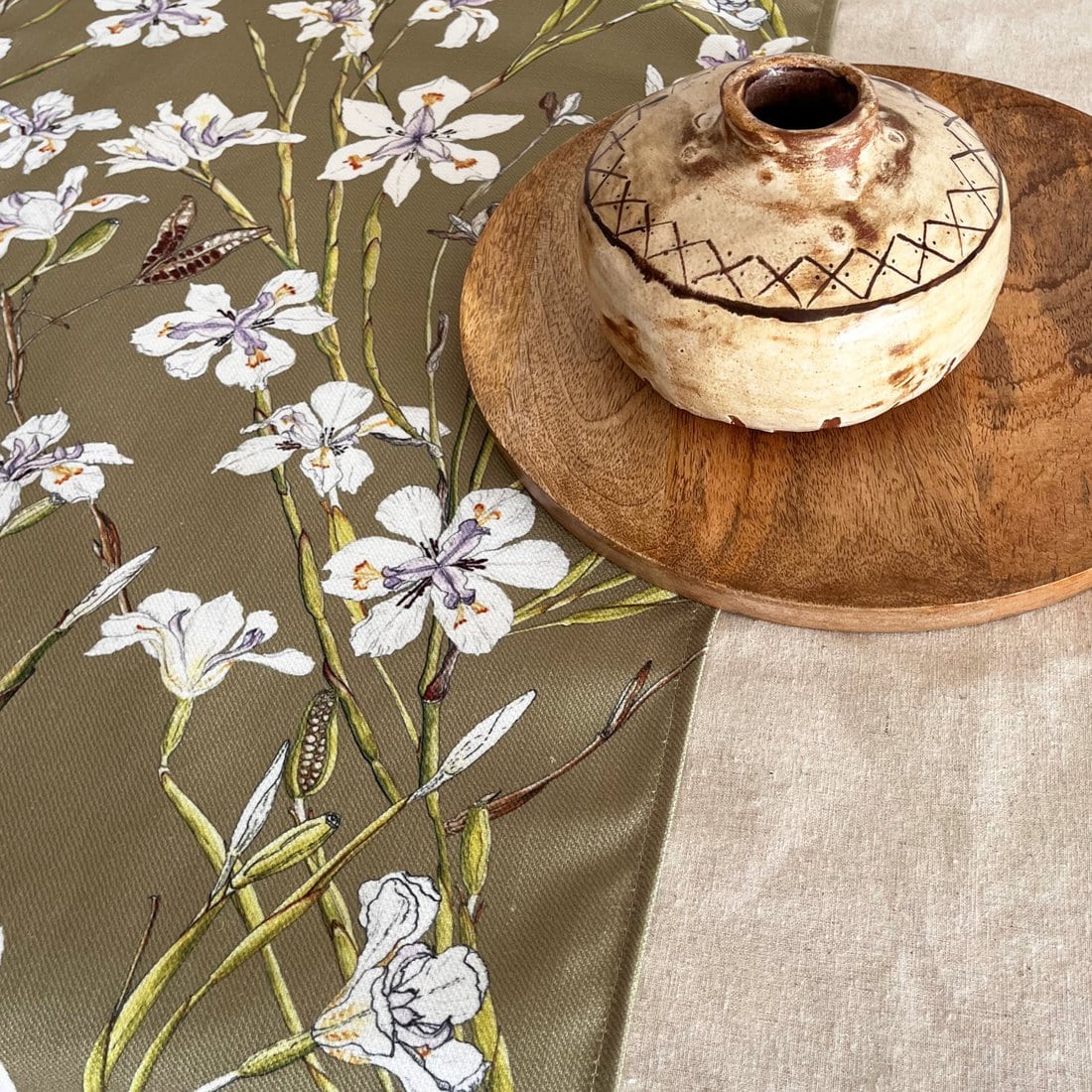 Floral Table Runner Recycled Plastic - Green Irises