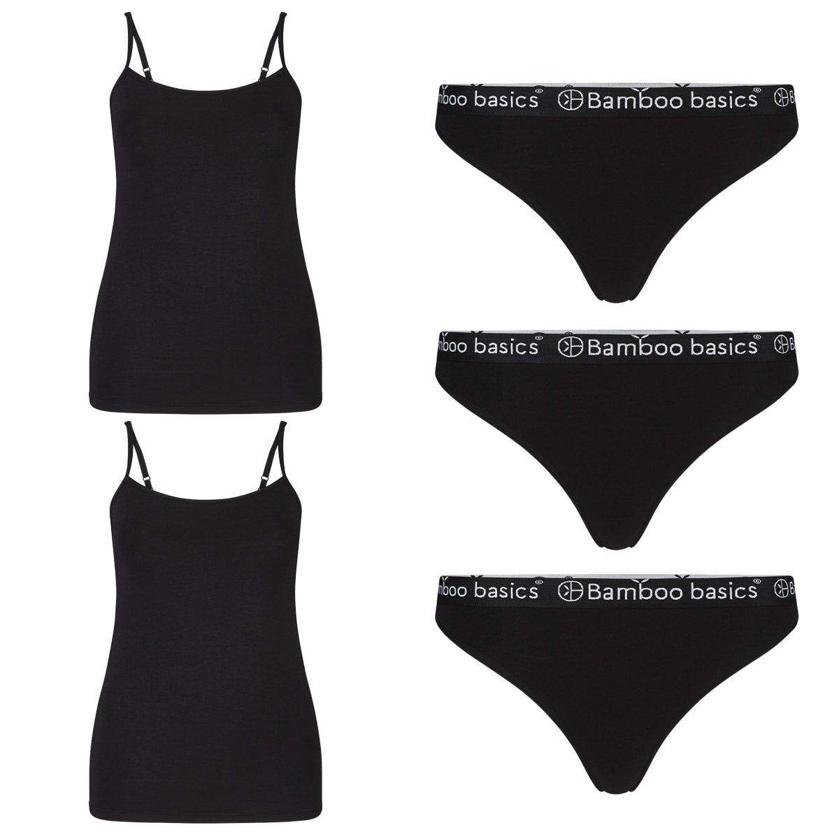Voordeelbundel: Spaghetti Tops (2-pack) + Strings (3-pack) - Zwart