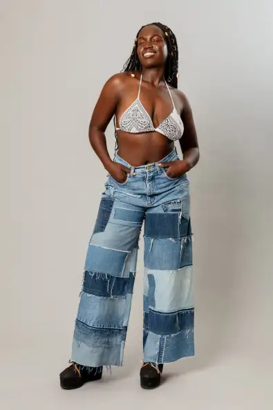 MAHLA  Jeans Upcycled Patchwork Nova Aangepaste Donkerblauwe Denimtinten