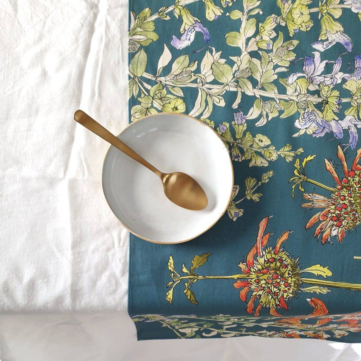 Floral Table Runner Cotton - Blue Salvia