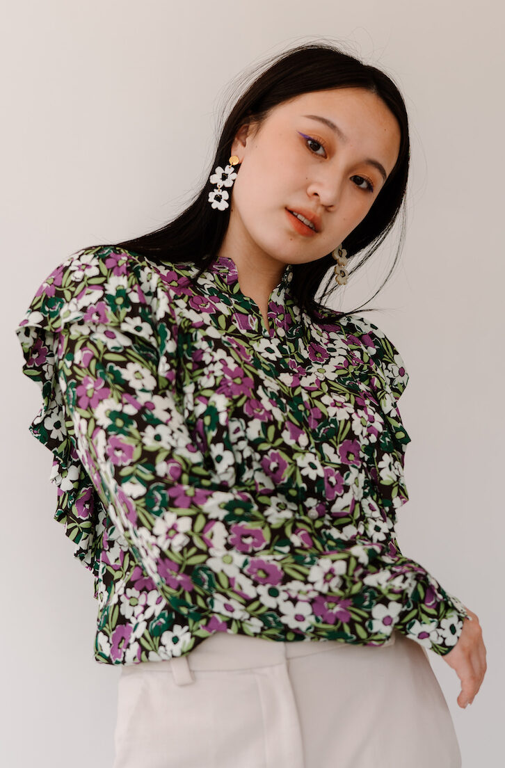 Common and Sense  Ruffle Blouse Madeliefje Bloemenprint Groen & Paars