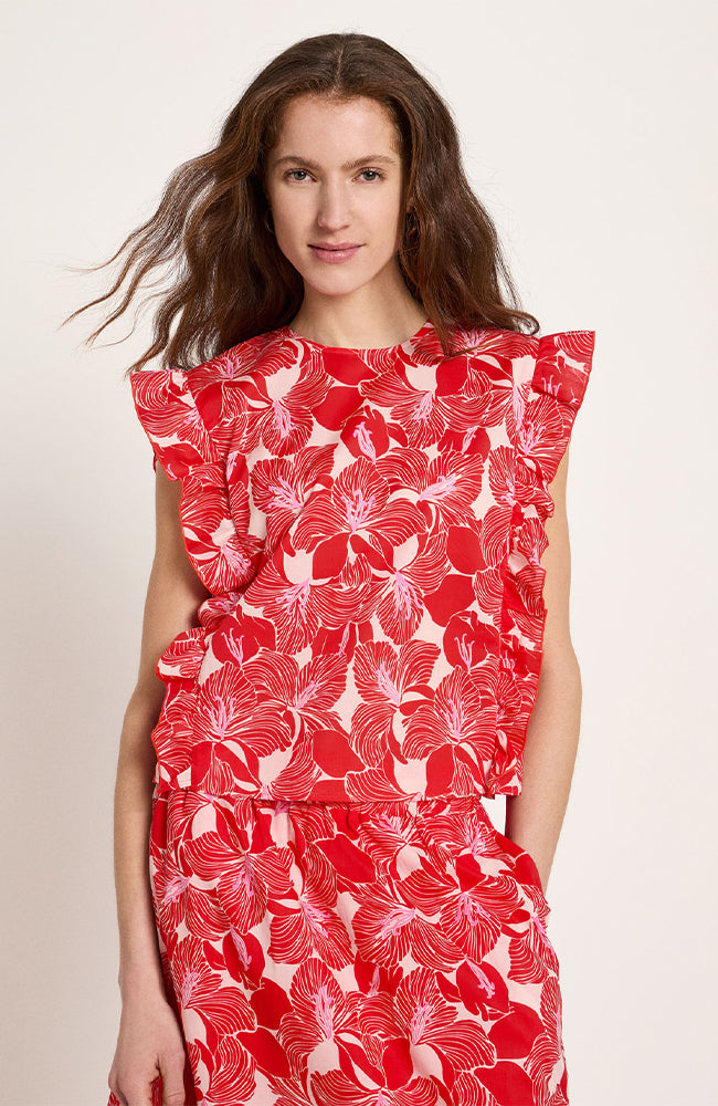 Lanius  Blouse Met Ruches En Bloemenmotief In Rood