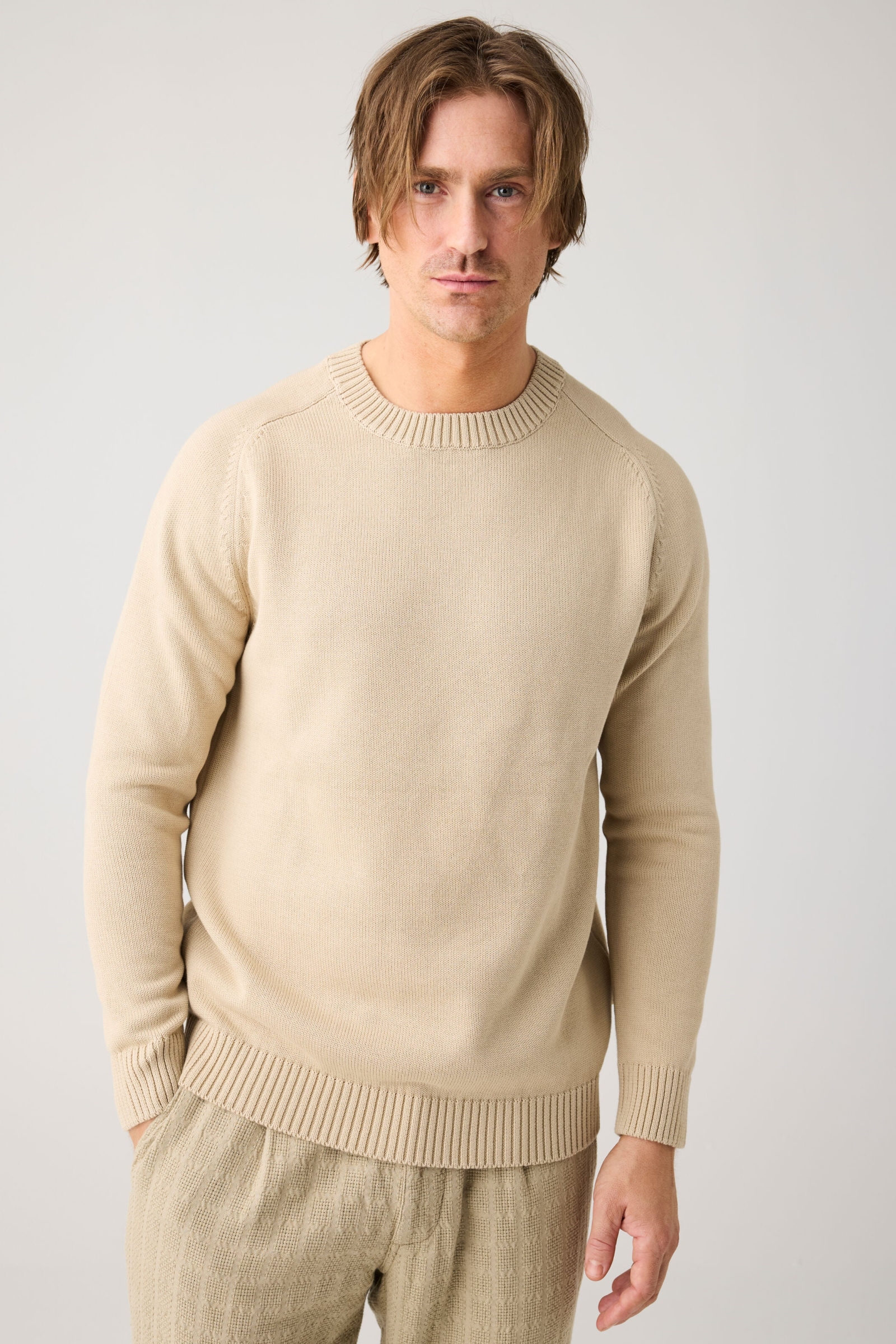 KnowledgeCotton Apparel mannen vegan Gebreide Trui Effen Ronde Hals Lichtgrijs