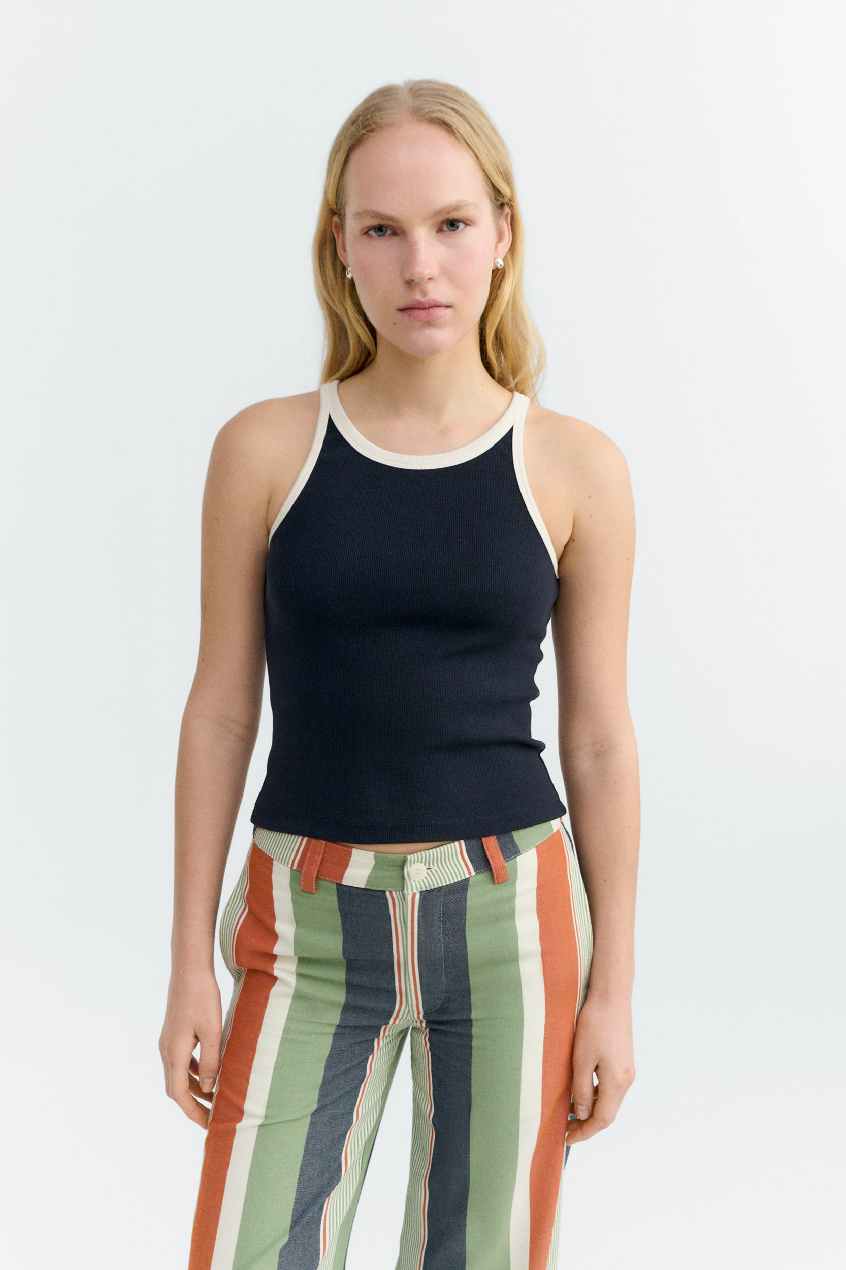 Thinking MU  Top Harriet Marineblauw Wit Contrast