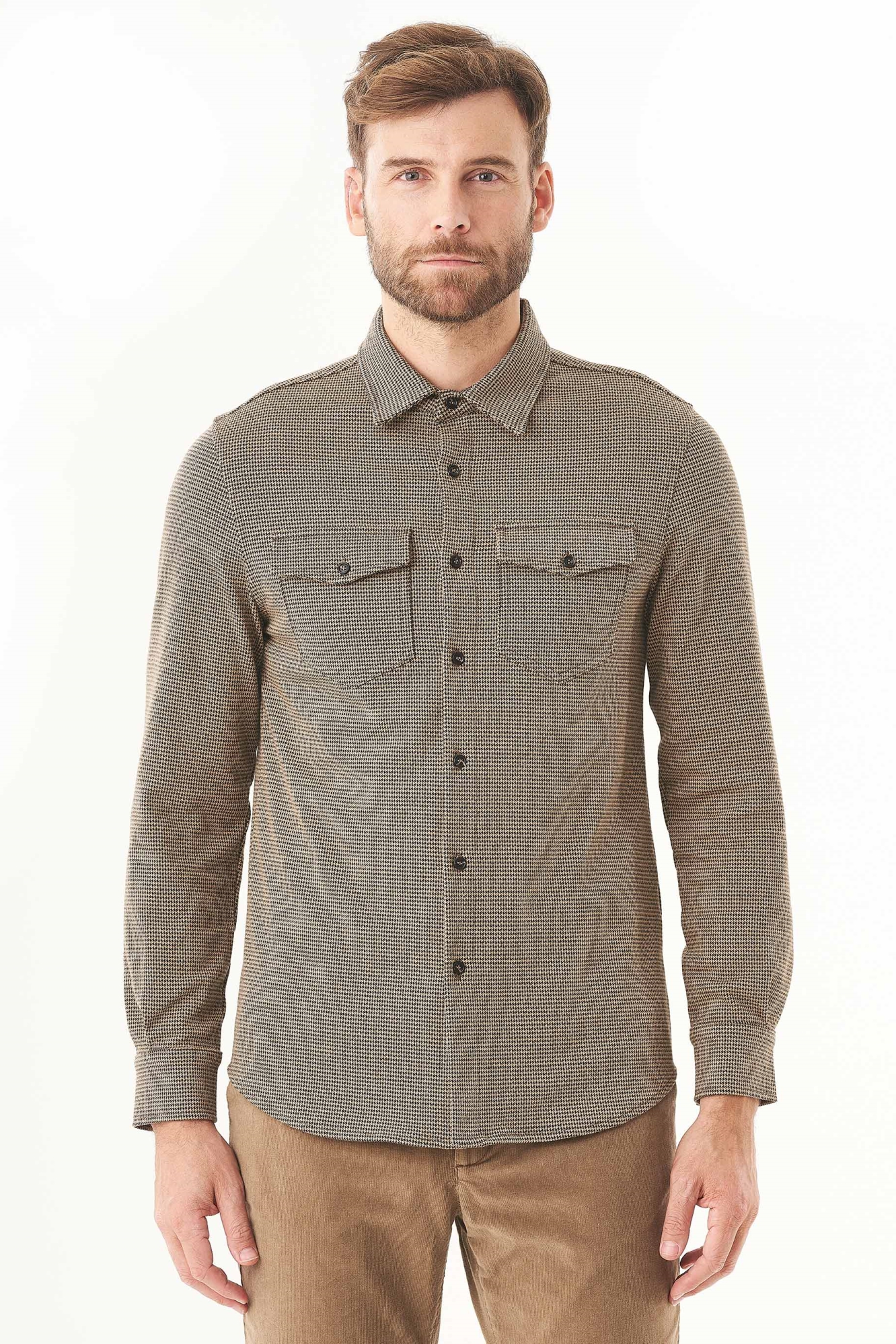 ORGANICATION mannen vegan Houndstooth Overhemd Zwart Camel