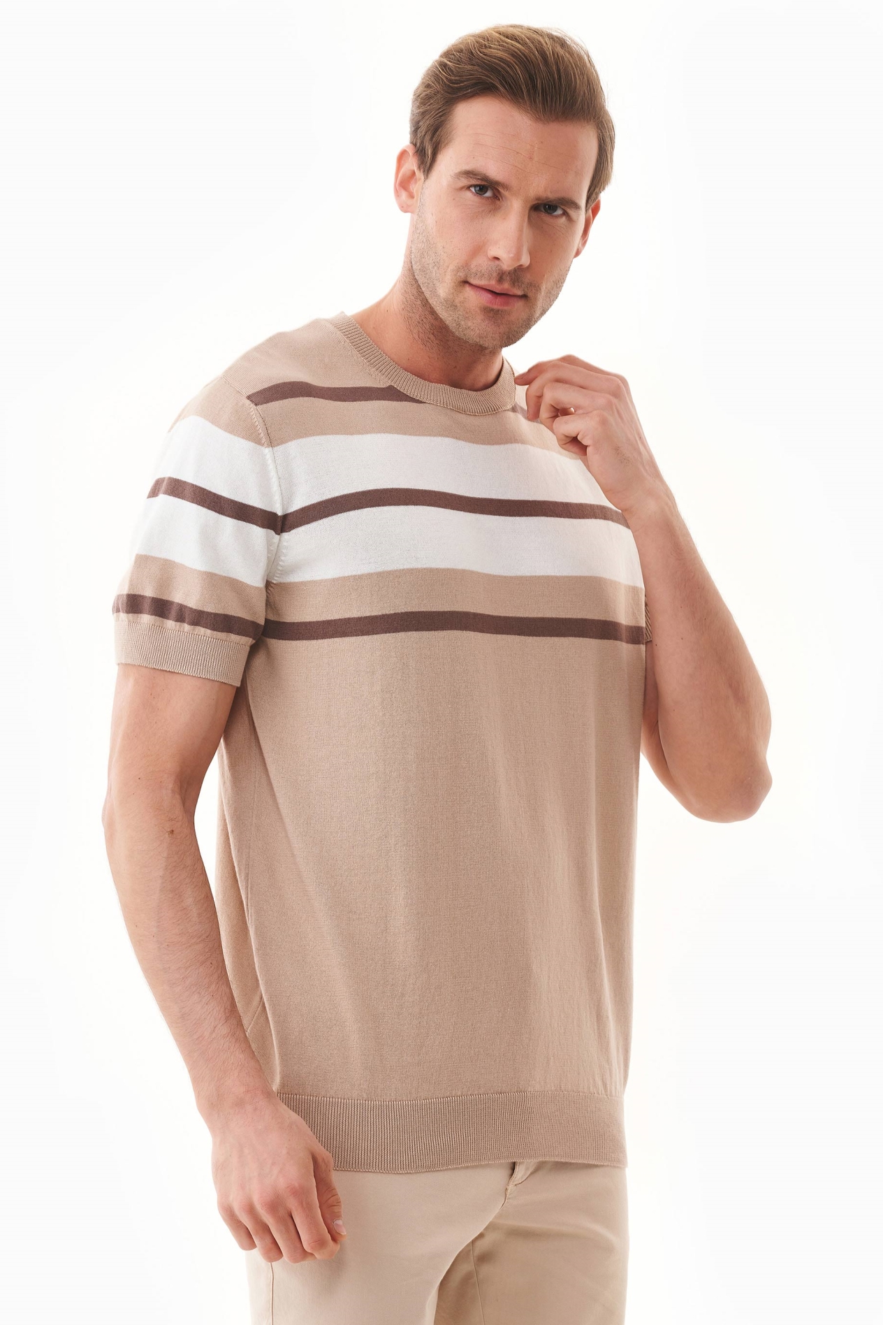 ORGANICATION mannen vegan T Shirt Met Strepen Fijn Gebreid Diep Taupe, Beige & Off White