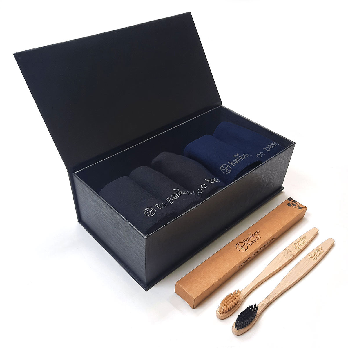 Giftpack Sokken Beau (5-pack) - Zwart en Navy + 2 bamboe tandenborstels