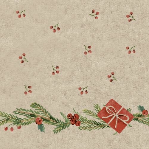 Naturals servet Mistletoe with Presents, 25x25cm gerecycled/ongebleekt