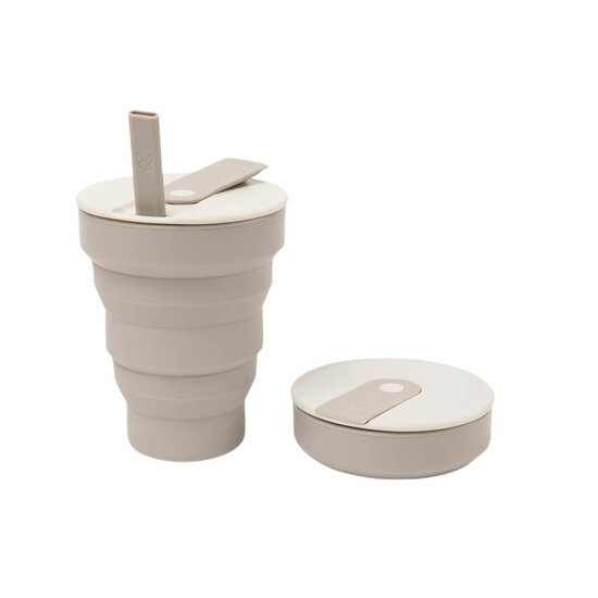 Hunu Collapsible Silicone Cup 475ml Warm Grey - Opvouwbare beker met rietje