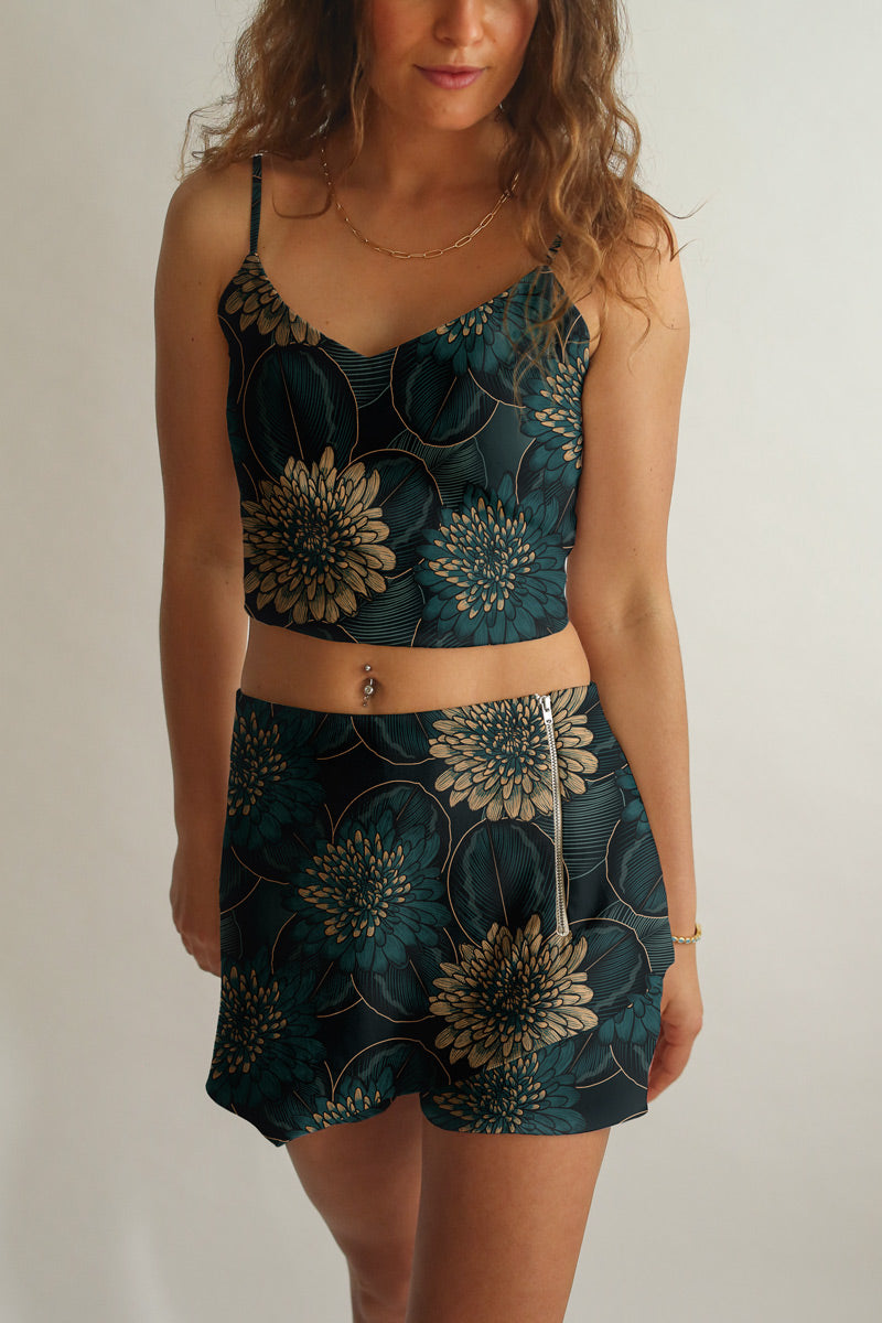 Averie  Set Crop Top En Shorts Nori Paardebloemen Print Op Zwart