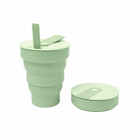 Hunu Silicone Travel Cup 475ml Sage Green - Opvouwbare beker met rietje
