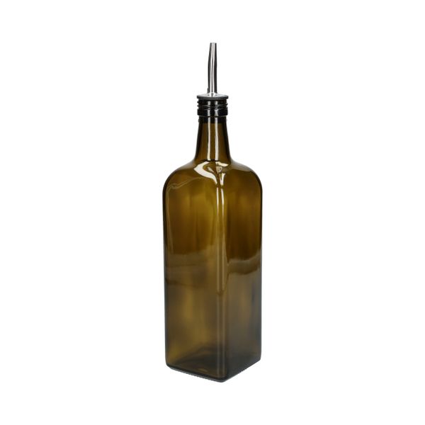 Olie/azijnfles, olijfgroen glas, vierkant, 1 l