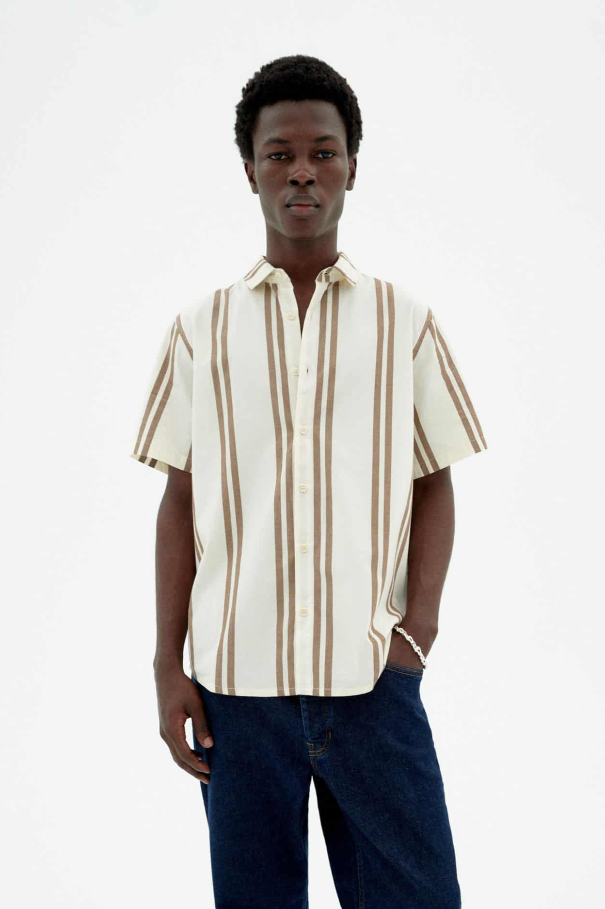 Thinking MU mannen vegan Shirt Tom Ecru Strepen