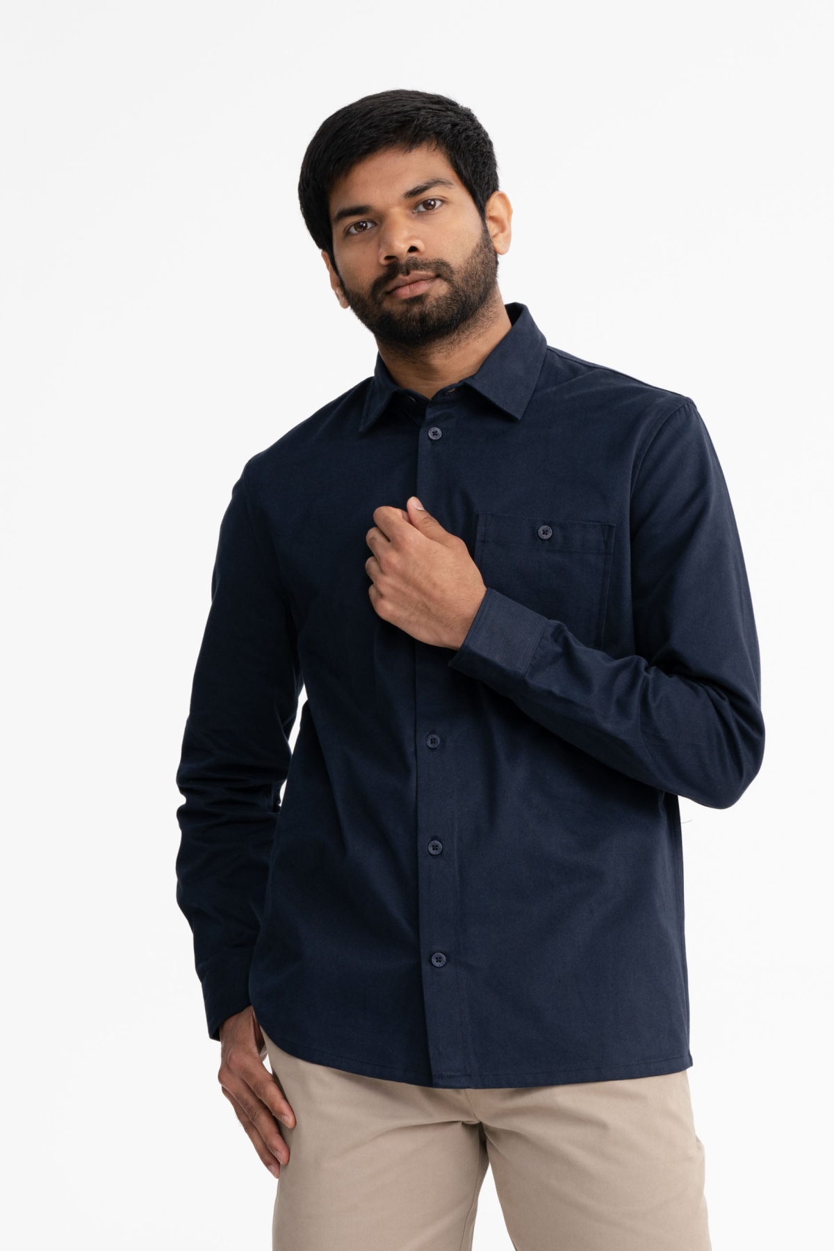 MELA mannen vegan Twill Shirt Ashutosh Marineblauw